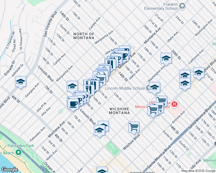map of restaurants, bars, coffee shops, grocery stores, and more near 1134 Montana Avenue in Santa Monica