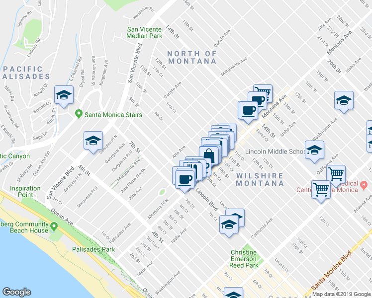 map of restaurants, bars, coffee shops, grocery stores, and more near 558 9th Court in Santa Monica