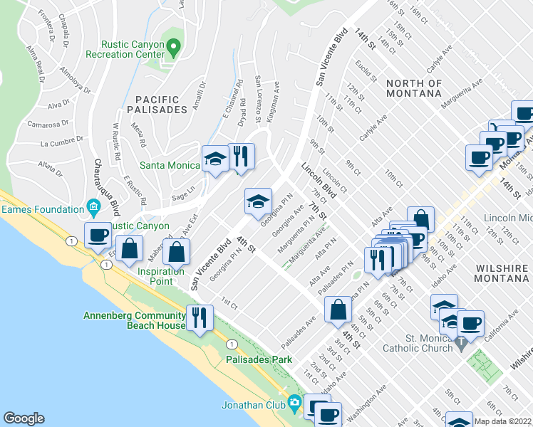 map of restaurants, bars, coffee shops, grocery stores, and more near 516 San Vicente Boulevard in Santa Monica