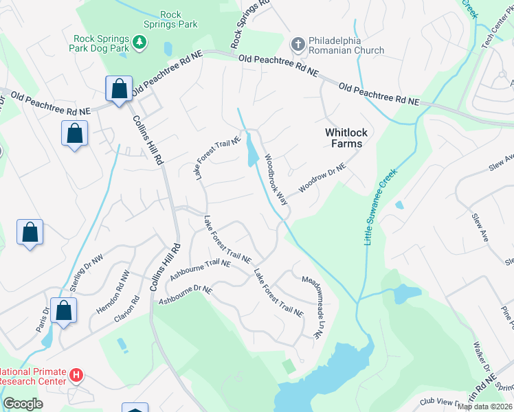 map of restaurants, bars, coffee shops, grocery stores, and more near 2480 Woodbrook Court in Lawrenceville