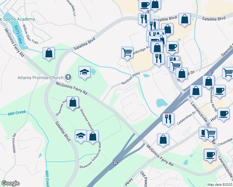 map of restaurants, bars, coffee shops, grocery stores, and more near 581 Northaven Avenue in Suwanee