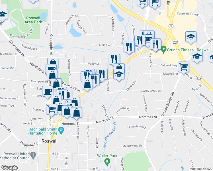 map of restaurants, bars, coffee shops, grocery stores, and more near 1165 Thomas Drive in Roswell