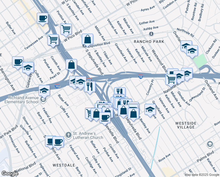 map of restaurants, bars, coffee shops, grocery stores, and more near 2747 South Sepulveda Boulevard in Los Angeles