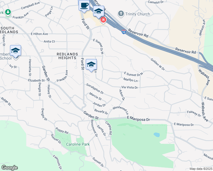 map of restaurants, bars, coffee shops, grocery stores, and more near 414 Via Vista Drive in Redlands