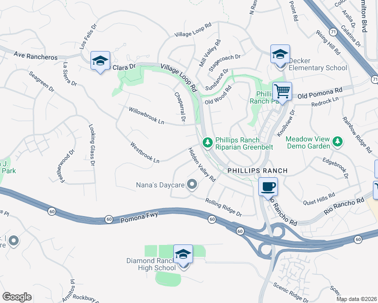 map of restaurants, bars, coffee shops, grocery stores, and more near 17 Westbrook Lane in Pomona
