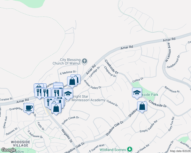 map of restaurants, bars, coffee shops, grocery stores, and more near 960 Fall Creek Court in Walnut