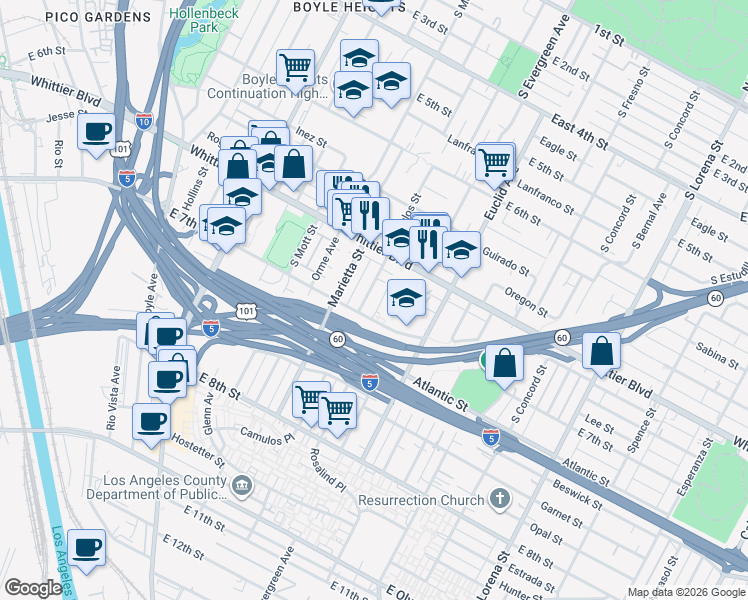 map of restaurants, bars, coffee shops, grocery stores, and more near 946 Camulos Street in Los Angeles