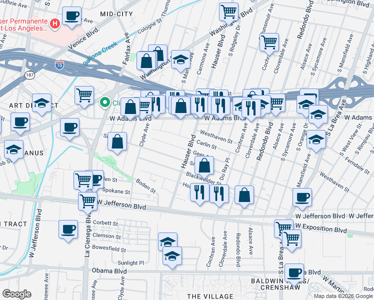 map of restaurants, bars, coffee shops, grocery stores, and more near 5503 Geer Avenue in Los Angeles