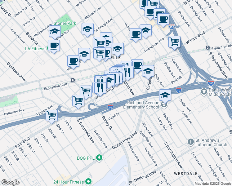 map of restaurants, bars, coffee shops, grocery stores, and more near 11800 West Pico Boulevard in Los Angeles