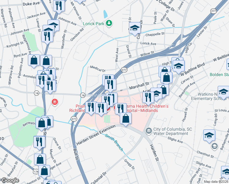 map of restaurants, bars, coffee shops, grocery stores, and more near 1729 Marshall Street in Columbia