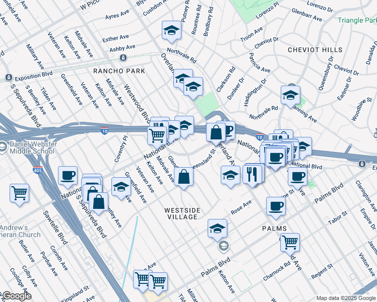 map of restaurants, bars, coffee shops, grocery stores, and more near 10777 National Place in Los Angeles