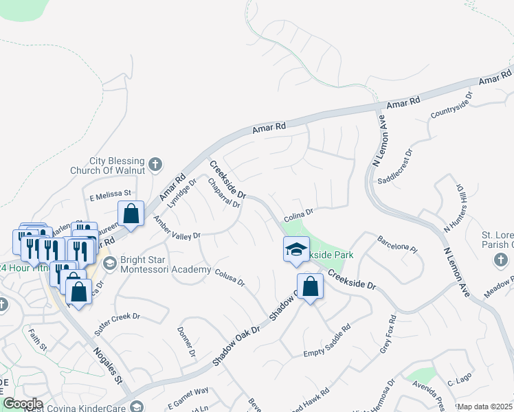 map of restaurants, bars, coffee shops, grocery stores, and more near 888 Margaret Lane in Walnut
