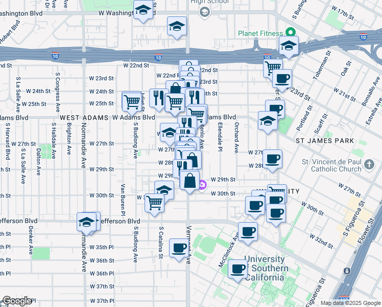 map of restaurants, bars, coffee shops, grocery stores, and more near 1/2 South Vermont Avenue in Los Angeles