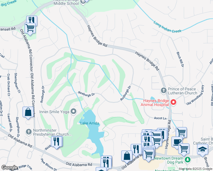 map of restaurants, bars, coffee shops, grocery stores, and more near 10310 Amberside Court in Roswell