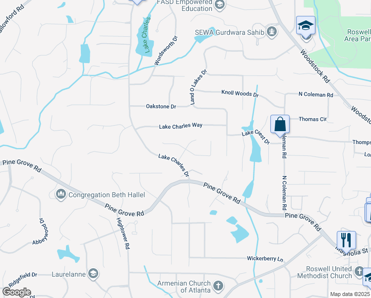 map of restaurants, bars, coffee shops, grocery stores, and more near Ramsdale Drive in Roswell