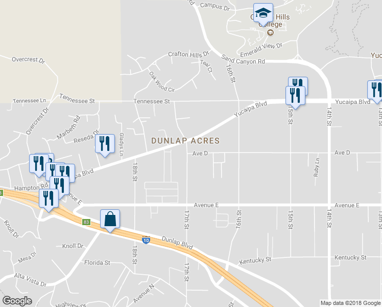 map of restaurants, bars, coffee shops, grocery stores, and more near 31954 Ave D in Yucaipa