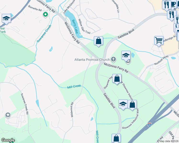 map of restaurants, bars, coffee shops, grocery stores, and more near 3395 Wildwood Road in Suwanee