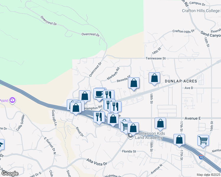 map of restaurants, bars, coffee shops, grocery stores, and more near 31516 Sierra Linda Street in Yucaipa