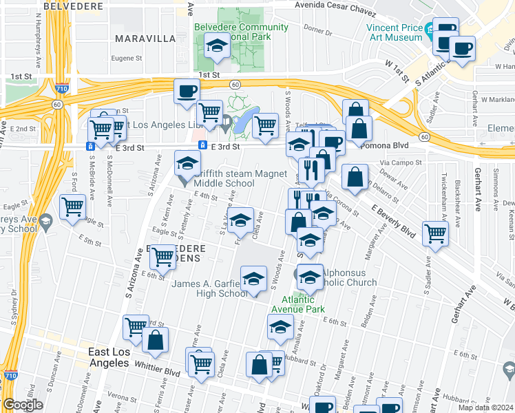map of restaurants, bars, coffee shops, grocery stores, and more near 5015 East 4th Street in East Los Angeles