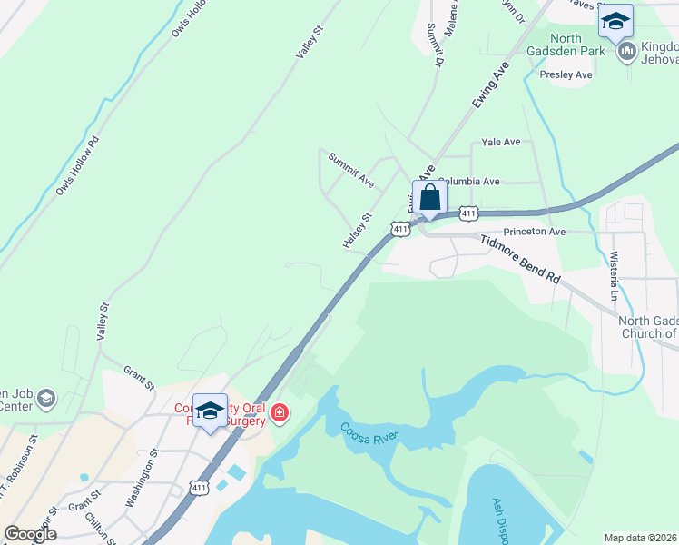 map of restaurants, bars, coffee shops, grocery stores, and more near 1008 Ewing Ave in Gadsden