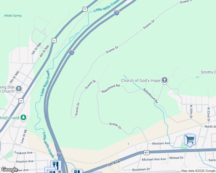 map of restaurants, bars, coffee shops, grocery stores, and more near 1207 Robinhood Road in Gadsden