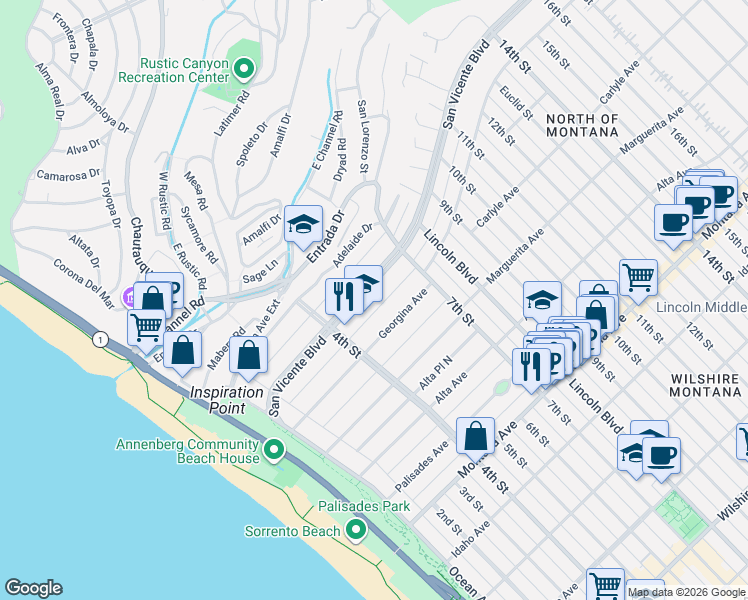 map of restaurants, bars, coffee shops, grocery stores, and more near 502 San Vicente Boulevard in Santa Monica
