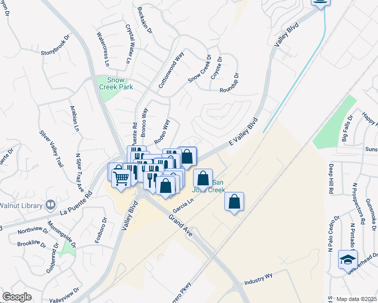 map of restaurants, bars, coffee shops, grocery stores, and more near 22023 Florence Circle in Walnut