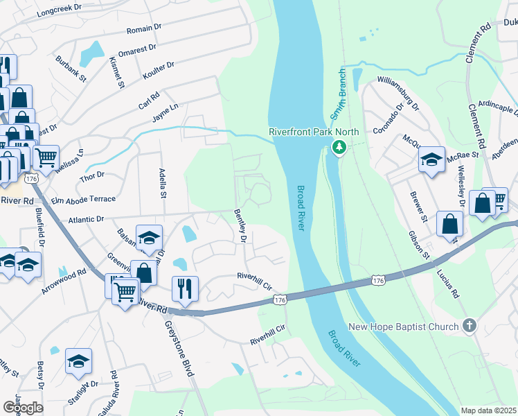 map of restaurants, bars, coffee shops, grocery stores, and more near 1127 River Bluff Way in Columbia