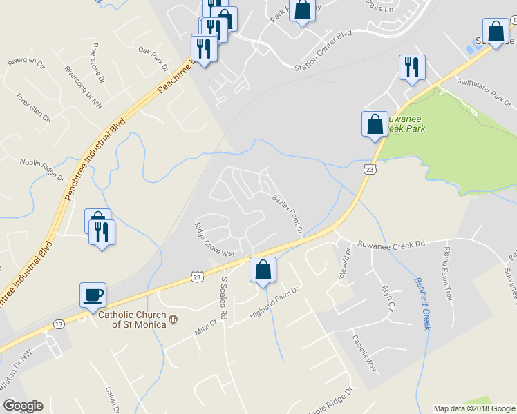 map of restaurants, bars, coffee shops, grocery stores, and more near 3789 Baxley Ridge Drive in Suwanee