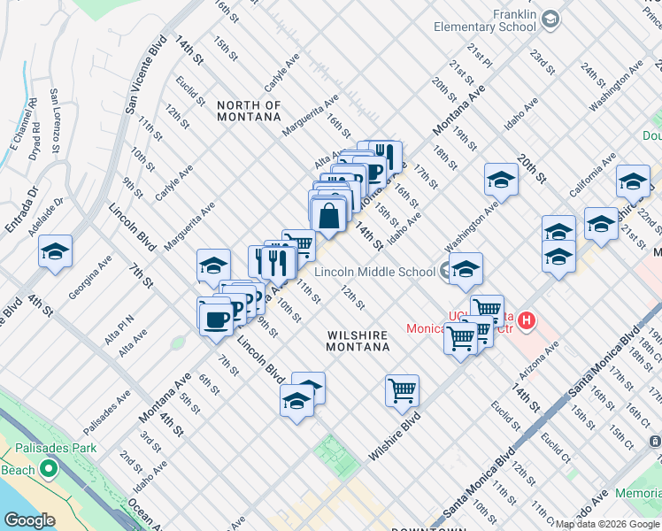 map of restaurants, bars, coffee shops, grocery stores, and more near 832 Euclid Street in Santa Monica