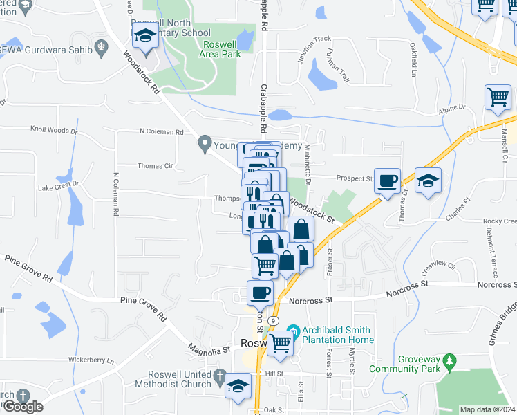 map of restaurants, bars, coffee shops, grocery stores, and more near 1164 Canton Street in Roswell