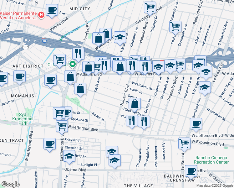 map of restaurants, bars, coffee shops, grocery stores, and more near 5530 Geer Avenue in Los Angeles