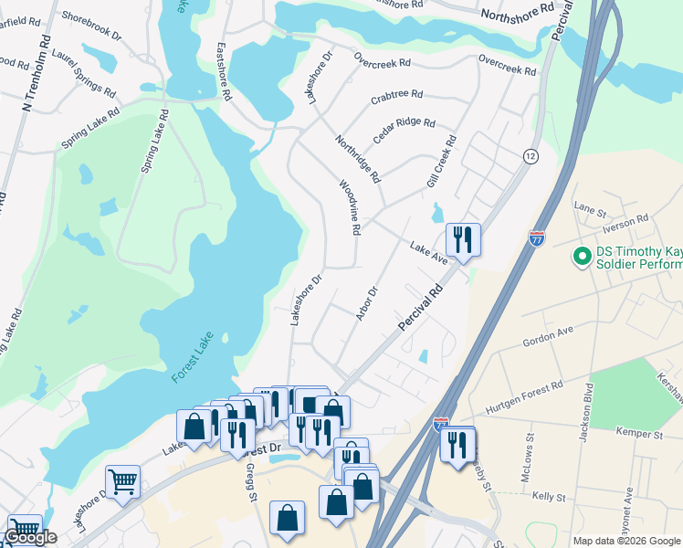 map of restaurants, bars, coffee shops, grocery stores, and more near 5857 Woodvine Road in Columbia