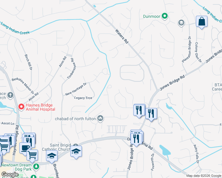 map of restaurants, bars, coffee shops, grocery stores, and more near 10130 Barston Court in Alpharetta