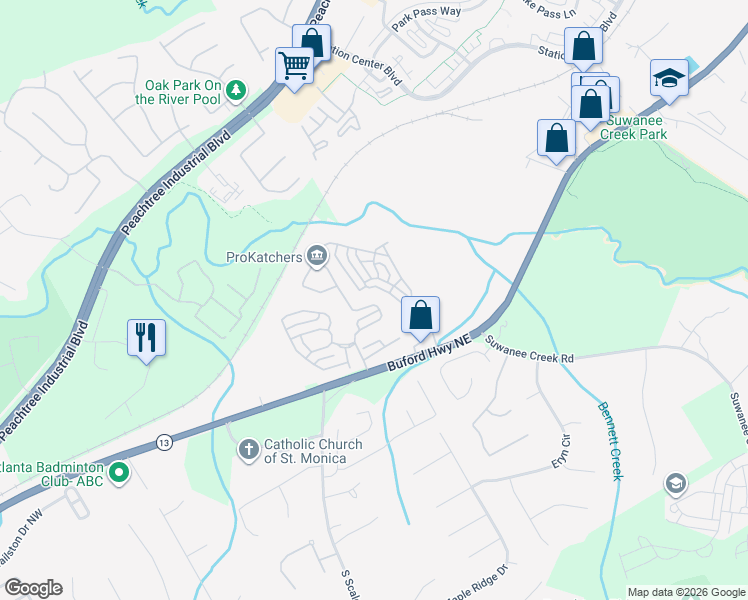 map of restaurants, bars, coffee shops, grocery stores, and more near 3754 Baxley Point Drive in Suwanee