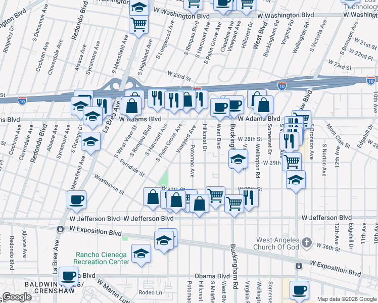 map of restaurants, bars, coffee shops, grocery stores, and more near 2822 Potomac Avenue in Los Angeles