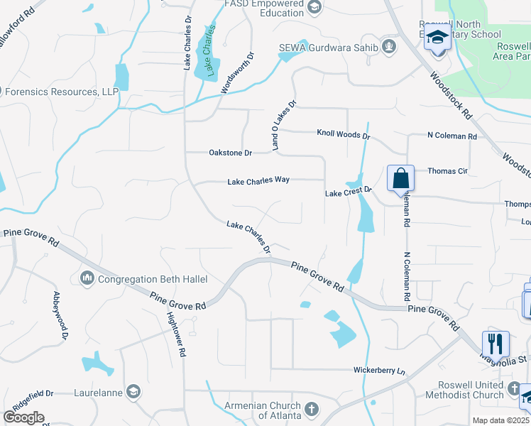 map of restaurants, bars, coffee shops, grocery stores, and more near 601 Ramsdale Drive in Roswell
