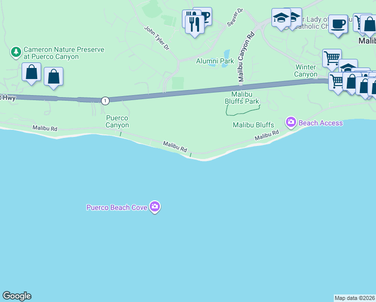 map of restaurants, bars, coffee shops, grocery stores, and more near Malibu Road in Malibu