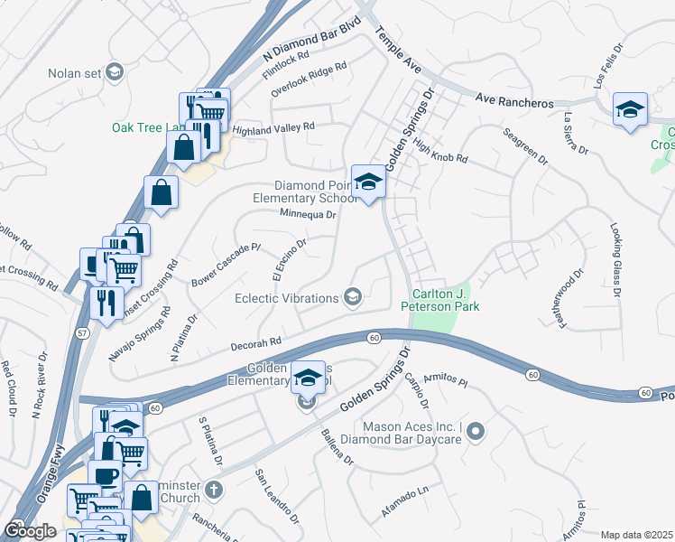 map of restaurants, bars, coffee shops, grocery stores, and more near 446 North Del Sol Lane in Diamond Bar