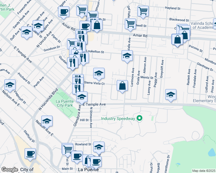 map of restaurants, bars, coffee shops, grocery stores, and more near 665 Gilwood Avenue in La Puente