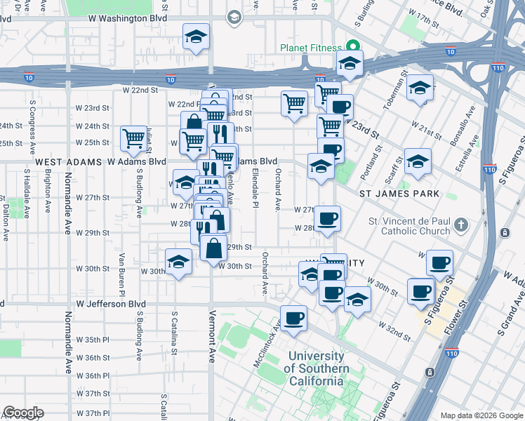 map of restaurants, bars, coffee shops, grocery stores, and more near 2676 Ellendale Place in Los Angeles