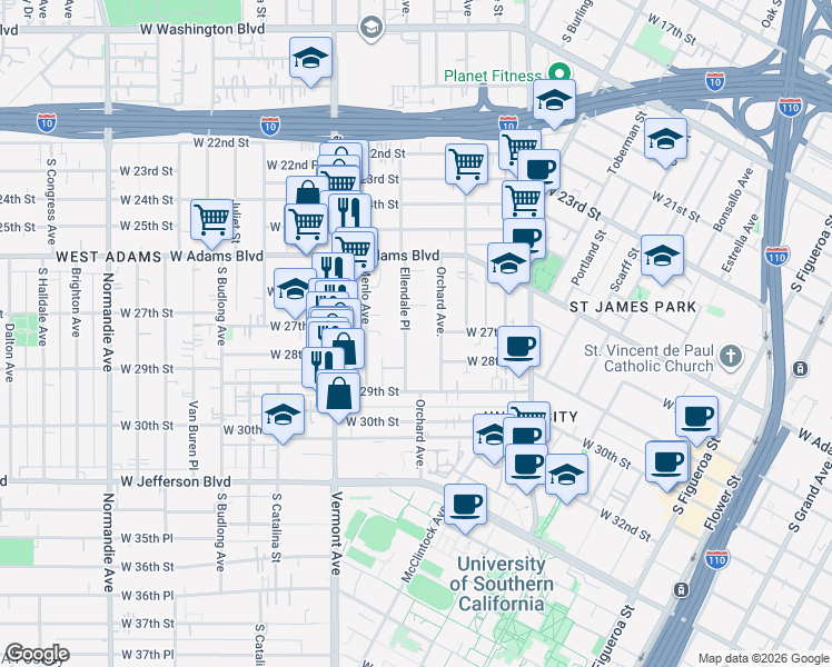 map of restaurants, bars, coffee shops, grocery stores, and more near 2700 Ellendale Place in Los Angeles