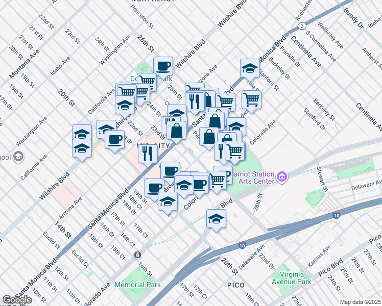 map of restaurants, bars, coffee shops, grocery stores, and more near 1425 Cloverfield Boulevard in Santa Monica