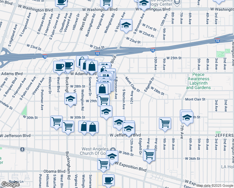 map of restaurants, bars, coffee shops, grocery stores, and more near 2828 1/2 South Bronson Avenue in Los Angeles
