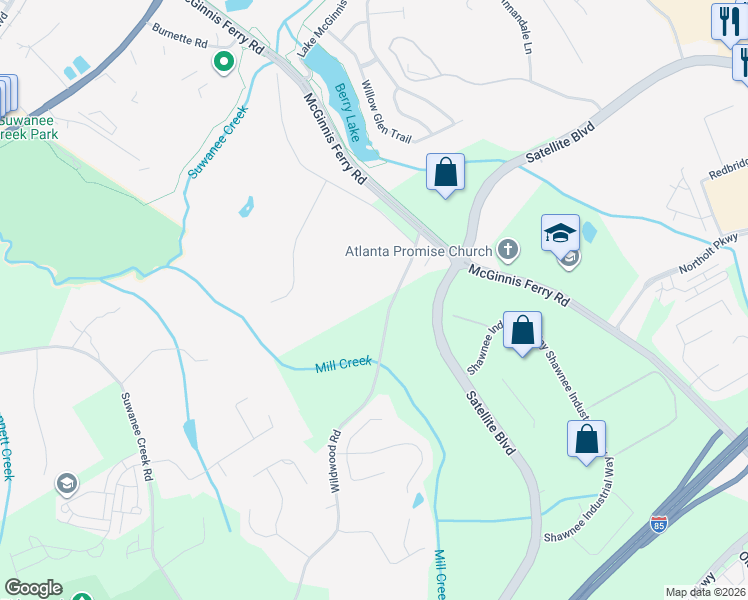 map of restaurants, bars, coffee shops, grocery stores, and more near 3380 Wildwood Road in Suwanee
