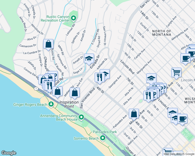 map of restaurants, bars, coffee shops, grocery stores, and more near 427 San Vicente Boulevard in Santa Monica