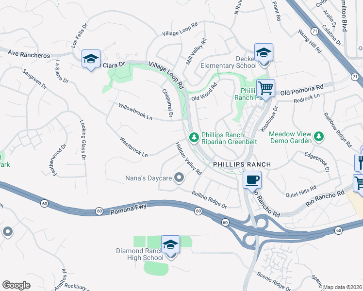 map of restaurants, bars, coffee shops, grocery stores, and more near 2 Westbrook Lane in Pomona