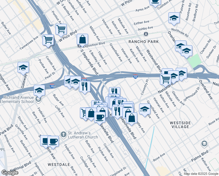 map of restaurants, bars, coffee shops, grocery stores, and more near 2755 South Bentley Avenue in Los Angeles