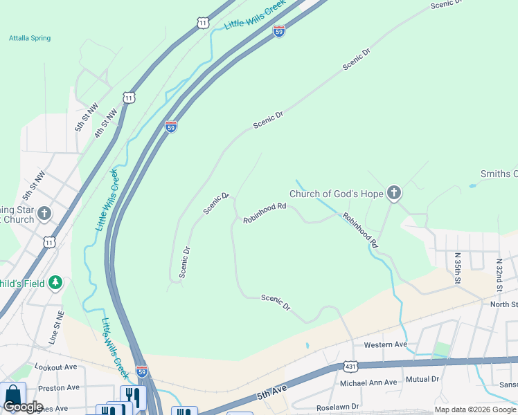 map of restaurants, bars, coffee shops, grocery stores, and more near 1207 Robinhood Road in Gadsden