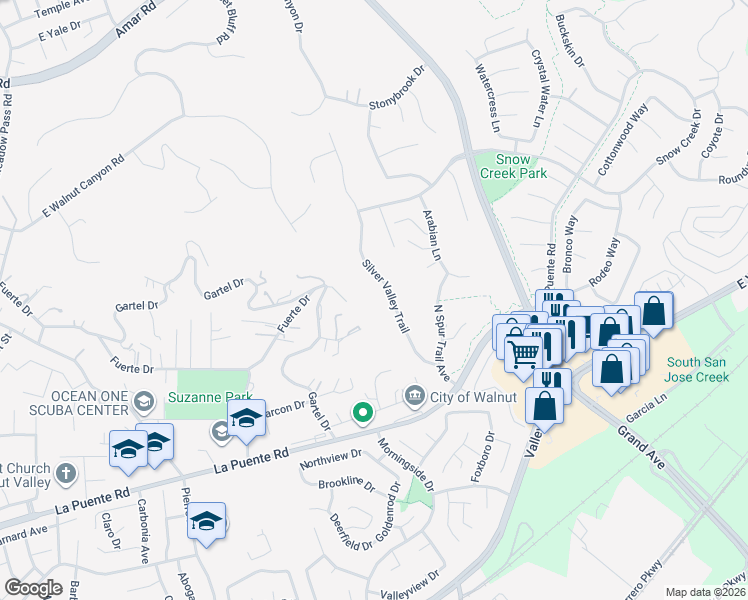 map of restaurants, bars, coffee shops, grocery stores, and more near 693 Silver Valley Trail in Walnut